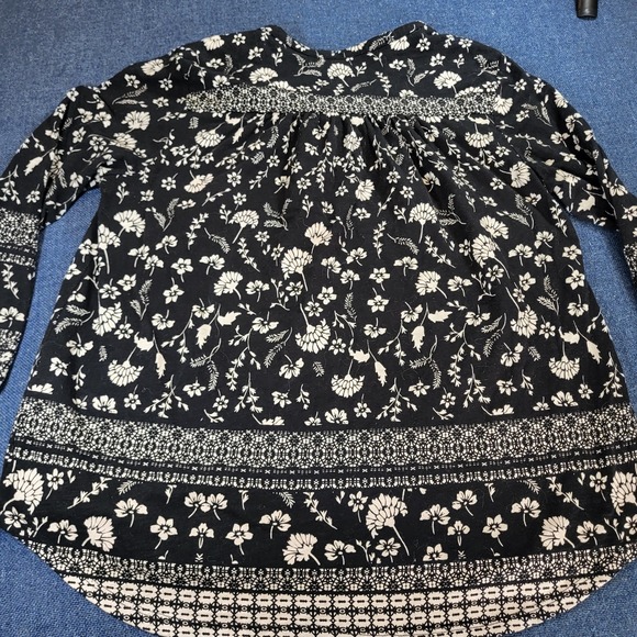 Lucky Brand Womens Large Black White Floral Cotton Boho Peasant Blouse Top - Picture 9 of 10